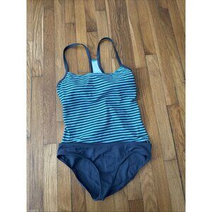 Nike Swimsuit Women’s 2pc Tankini Navy Blue Teal Striped Size L